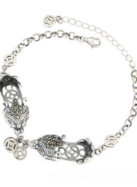 高档S925纯古银手链手镯空托 复貔貅女diy蜜蜡镯琥珀手男空托情侣