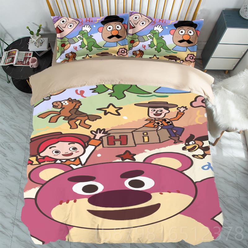 高档粉花色少女心in学s四件套通草莓熊印被罩床笠生宿舍三件套1.