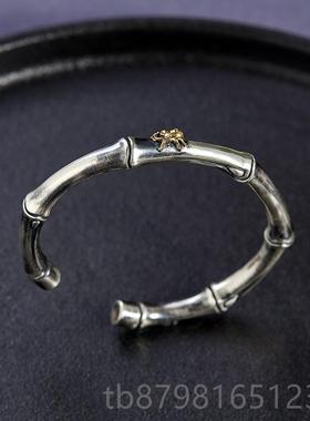 高档999银手镯男中国风复古做旧心纯知足常乐实平安竹情银侣开口