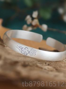 高档纯银手镯女梅花9足银复实心古开口9民族风哑光9简约年轻款送