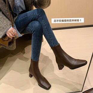 法式气质平头粗跟韩系小踝靴高跟弹力瘦瘦靴咖色小短靴女春秋单靴