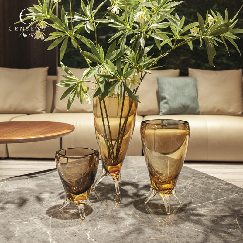 晶淳高级高脚琥珀色桌面大花瓶现代插花艺术品客厅桌面大摆件手工,模玩/动漫/周边/娃圈三坑/桌游,文化/体育周边,淘宝优惠券,粉丝福利购,淘宝优惠卷