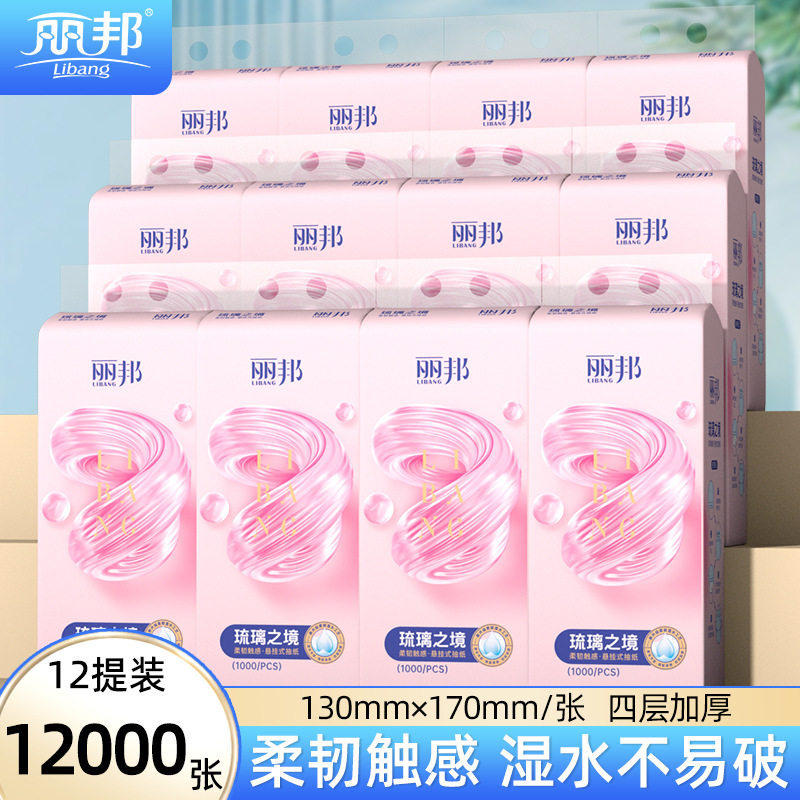 抽纸悬挂式第一名丽邦底部抽纸12提大包整箱家用实惠装餐巾卫生纸图片