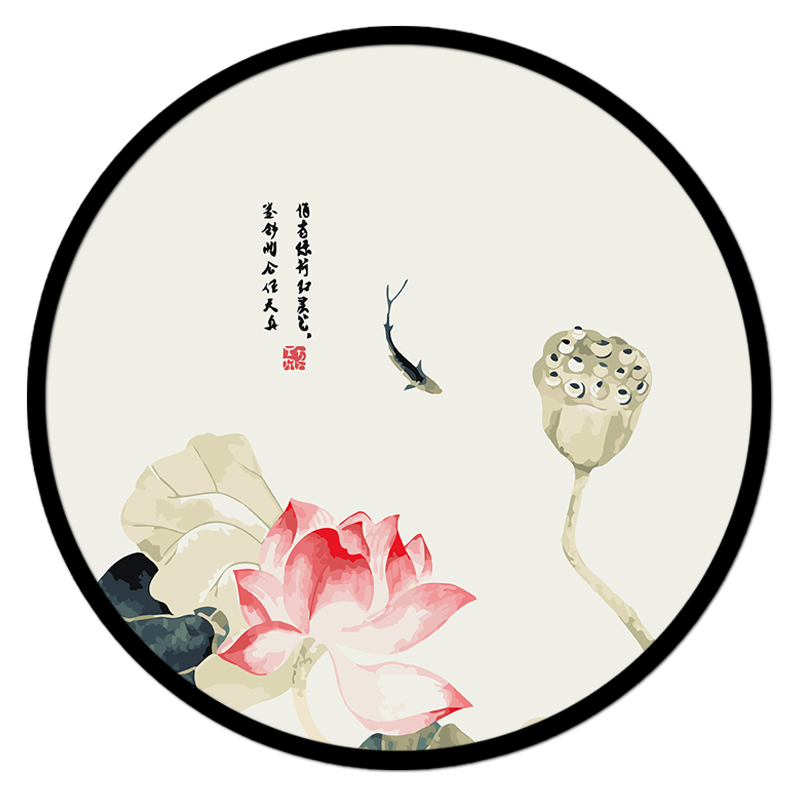 新品diy数字油画圆形荷花卉古典国风填色填充客厅装饰丙烯油彩画图片