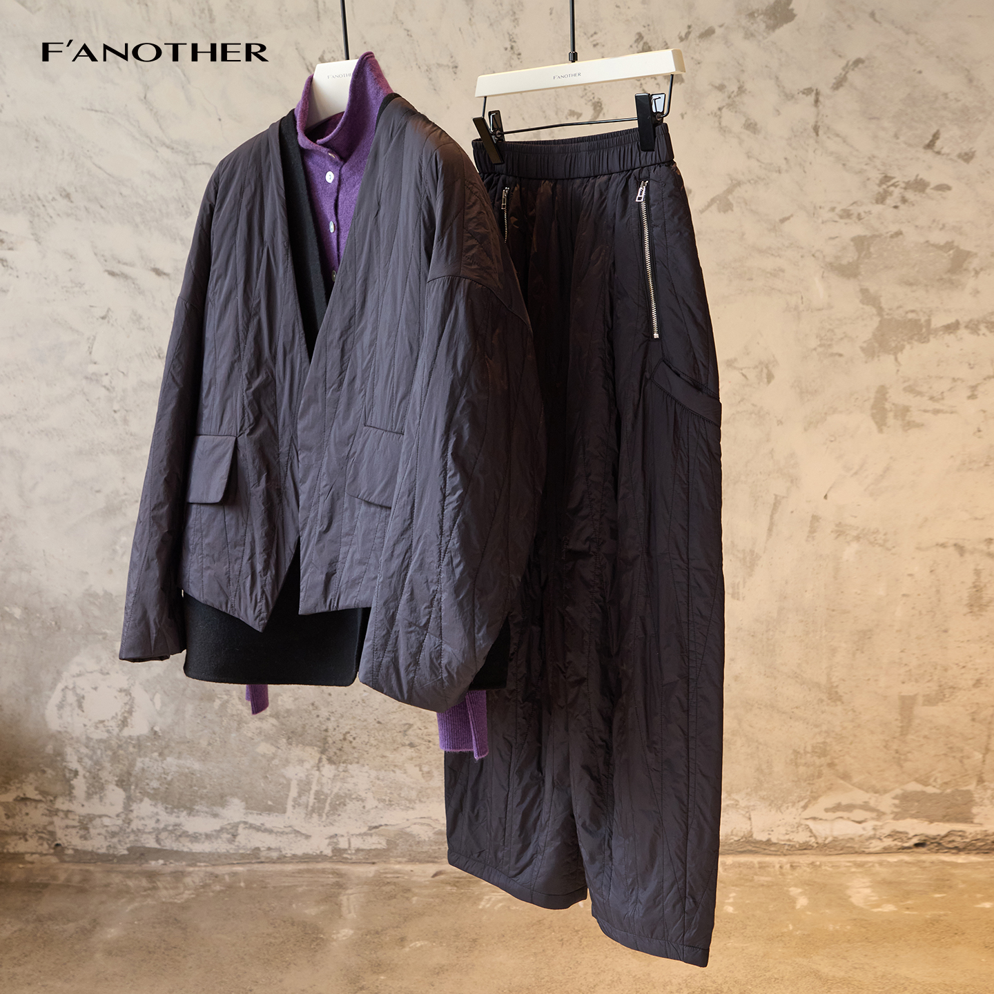 名邦女装2025新款设计感拼接撞色V领气质休闲棉服套装