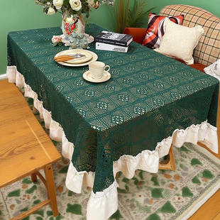 美式复古绿色法式文艺棉线钩针编织镂空拼接荷叶边餐桌台布桌布