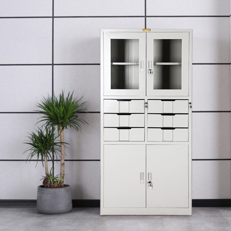 中山钢制办公文件柜 中六斗玻璃书柜子 带抽屉档案资料储物柜带锁