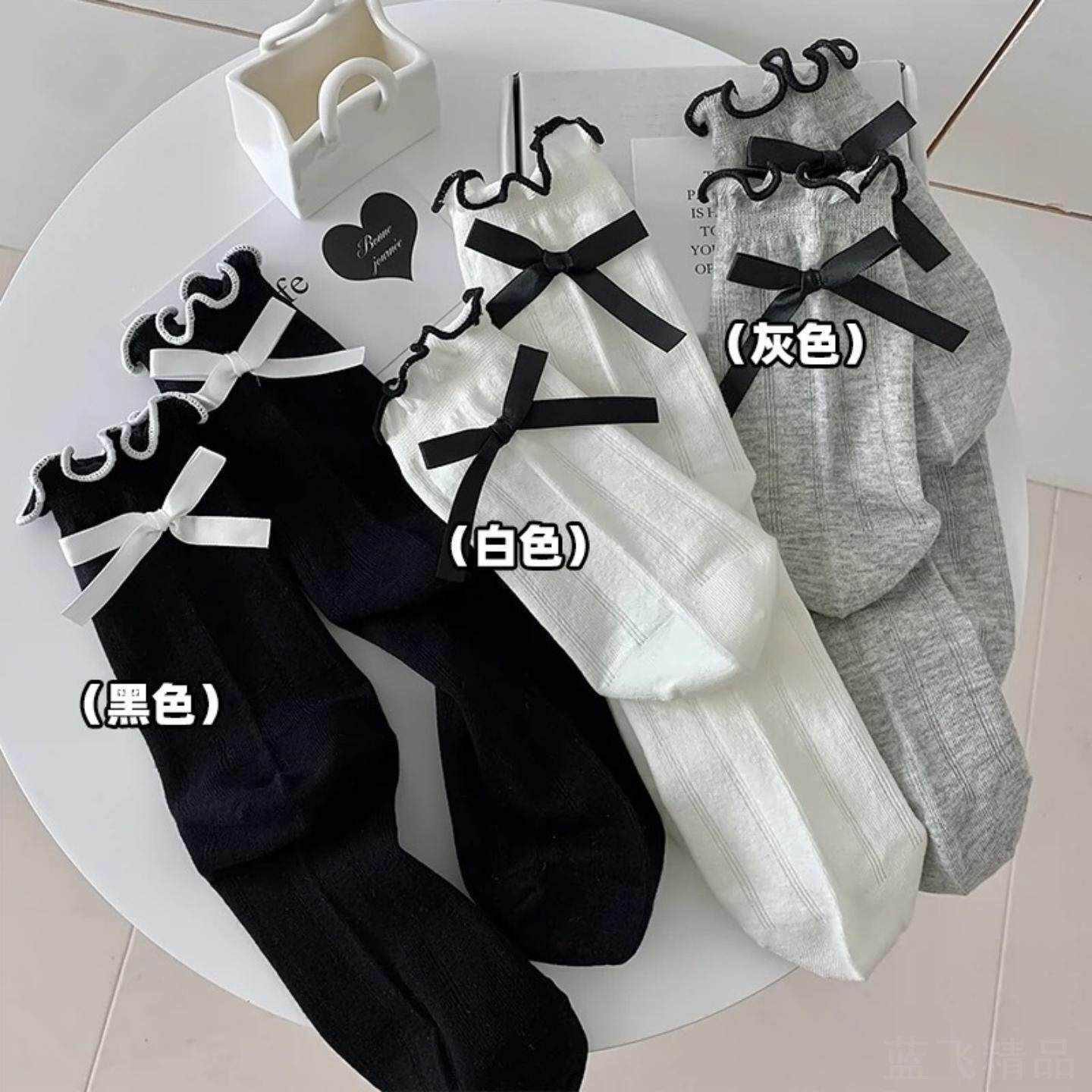 结袜子女春秋款纯棉中筒袜学生日系花边长筒袜配小皮鞋夏季