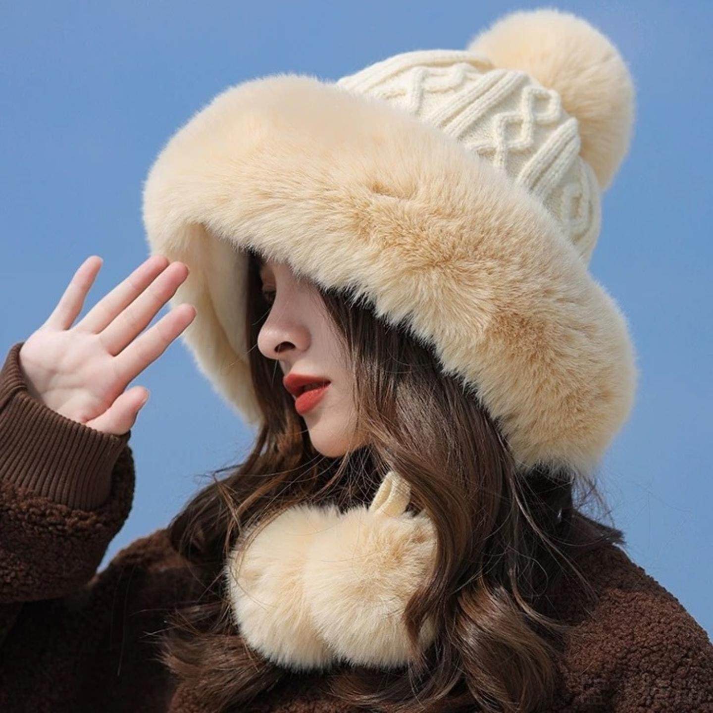 秋冬毛茸茸针织加厚套头帽女2024新款冬季保暖护耳毛绒帽子吊球帽