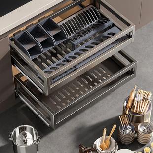 碗架抽屉内置厨房拉篮不锈钢抽屉式阻尼双层调味料整体橱柜收纳沥