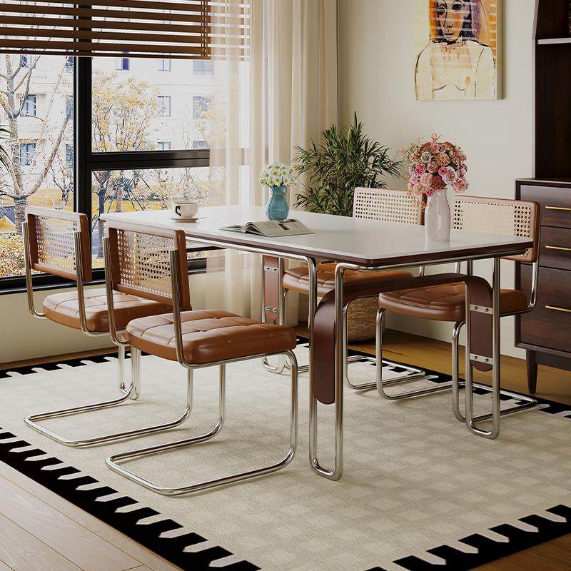 中古风实木岩板餐桌家用现代简约小户型不锈钢腿餐桌椅组合长方形,住宅家具,岩板餐桌,淘宝优惠券,粉丝福利购,淘宝优惠卷