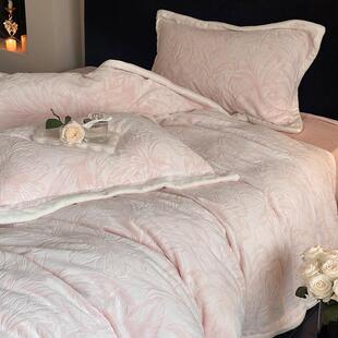 冬季加厚牛奶绒1.2m四件套双色提花雕花保暖被套床笠款床品蓝粉色