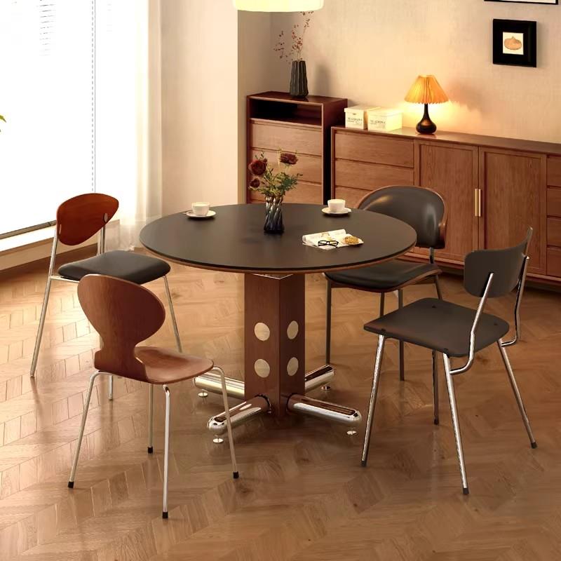 覆古圆形餐桌家用小户型饭桌中古风岩板北欧包豪斯实木简约圆餐桌