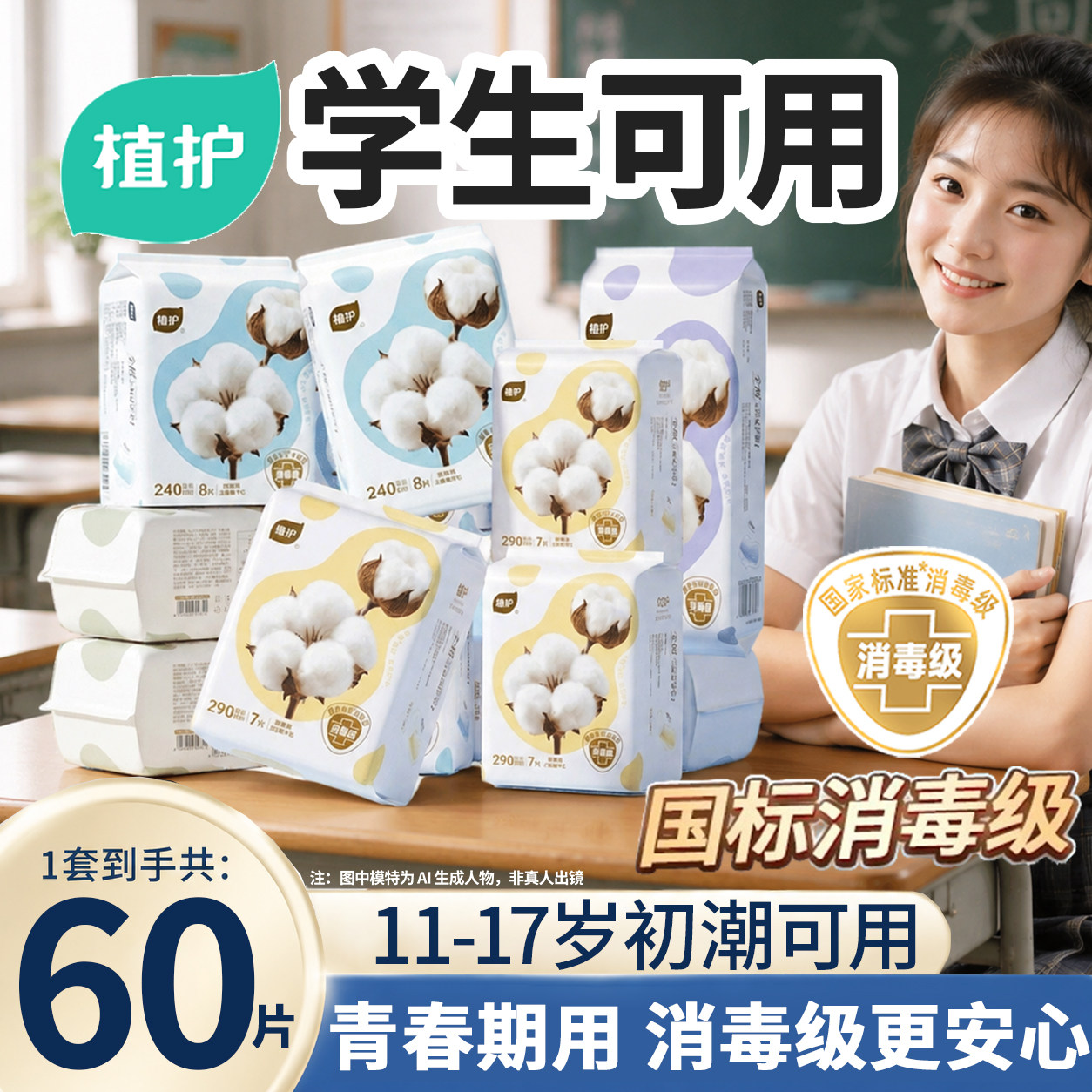 植护青少年消毒级卫生巾纯棉安全少女官方旗舰店正品日夜用姨妈巾
