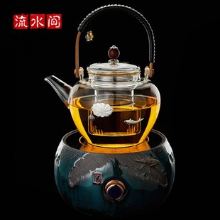 送礼 玻璃煮茶壶纯手工镶银蒸汽煮茶器家用黑茶白茶电陶炉套装