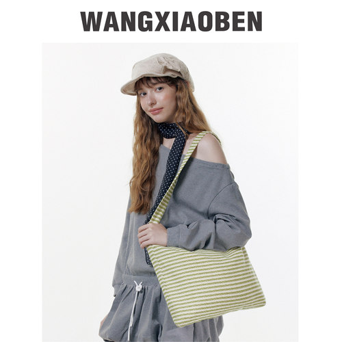 wangxiaoben条纹帆布包单肩包