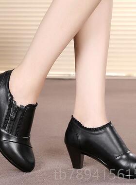 高档真皮单鞋202鞋3新款中黑色皮鞋保暖中女跟女鞋深口妈妈大码年