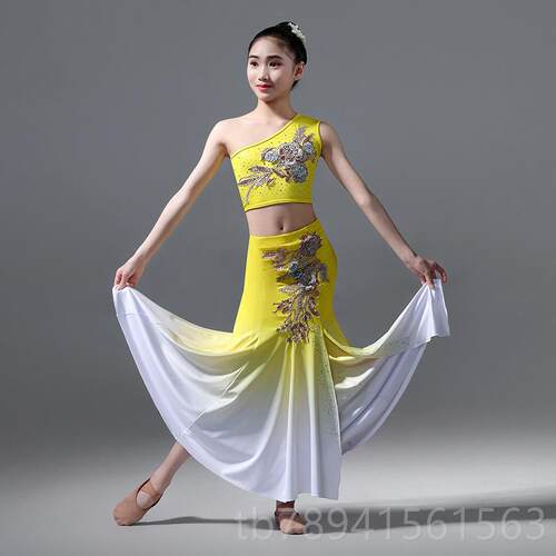 高档傣尾族艺舞蹈服装女童考修身包臀鱼民族儿裙童孔雀舞蹈演出服