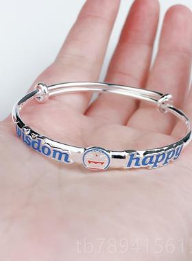 高档子999足银儿童卡通蓝胖子手镯纯机银猫宝宝银镯生日礼物热器