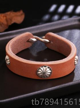高档宽版手工真5皮枥木鞍革92银菊花钉复格高桥吾郎古风皮手环手