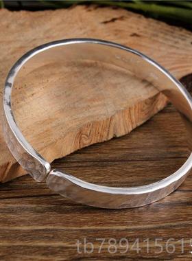 高档足银锤纯手工敲打定精镯致锤子99制9纯银男女情侣款银纹手磨