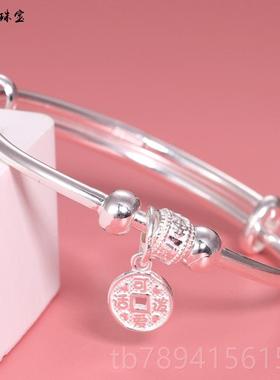 高档通小孩银手镯女儿童纯银手镯男女款生足童银999镯子学卡实心