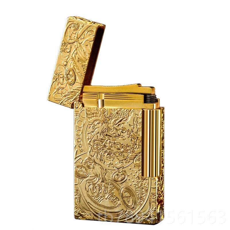 高档法国HORS意E朗声打火机纯黄铜气充侧滑砂轮个性创定G制男高档