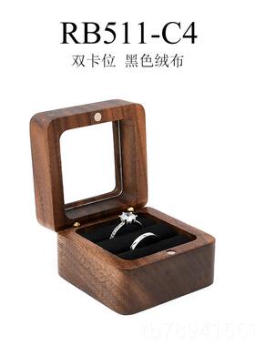 高档焦步首盒纳盒戒指盒高饰级感实木婚收礼婚结婚求对戒盒钻戒盒