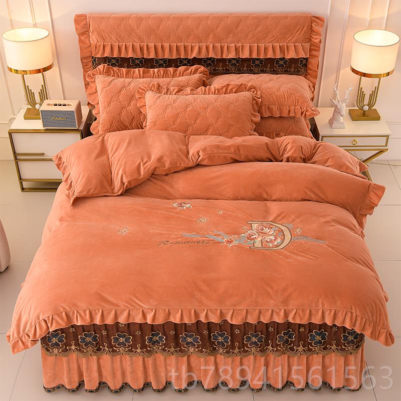 高档水绒夹棉床裙式件套加厚保暖晶双面四牛奶绒防滑保护床罩4套1