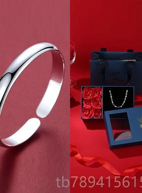 高档贵妃纯银手品镯物999镯子女开口夕简约光面饰七礼送女友妈妈