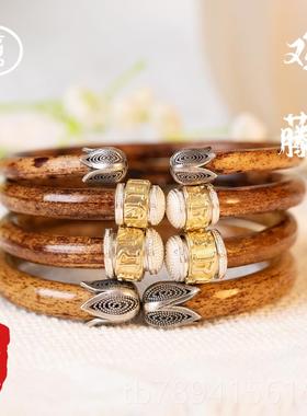 高档藏无节鸡血藤阳约藤纯香银六字箴言西郁金手镯简民族男女学生
