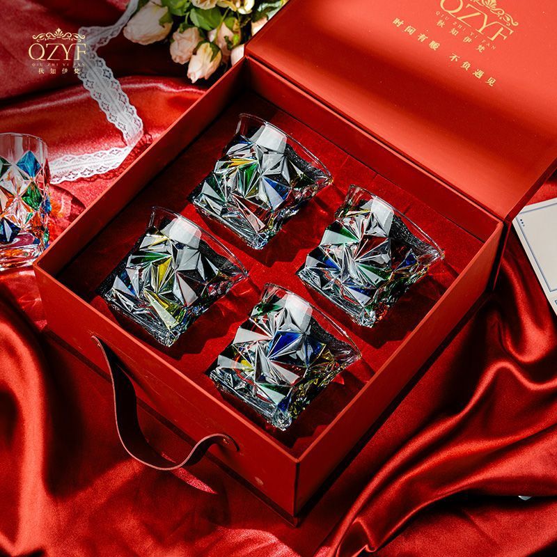 彩绘宝石玻璃水杯高颜值钻纹威士忌杯洋酒杯礼盒套装情侣对杯结婚
