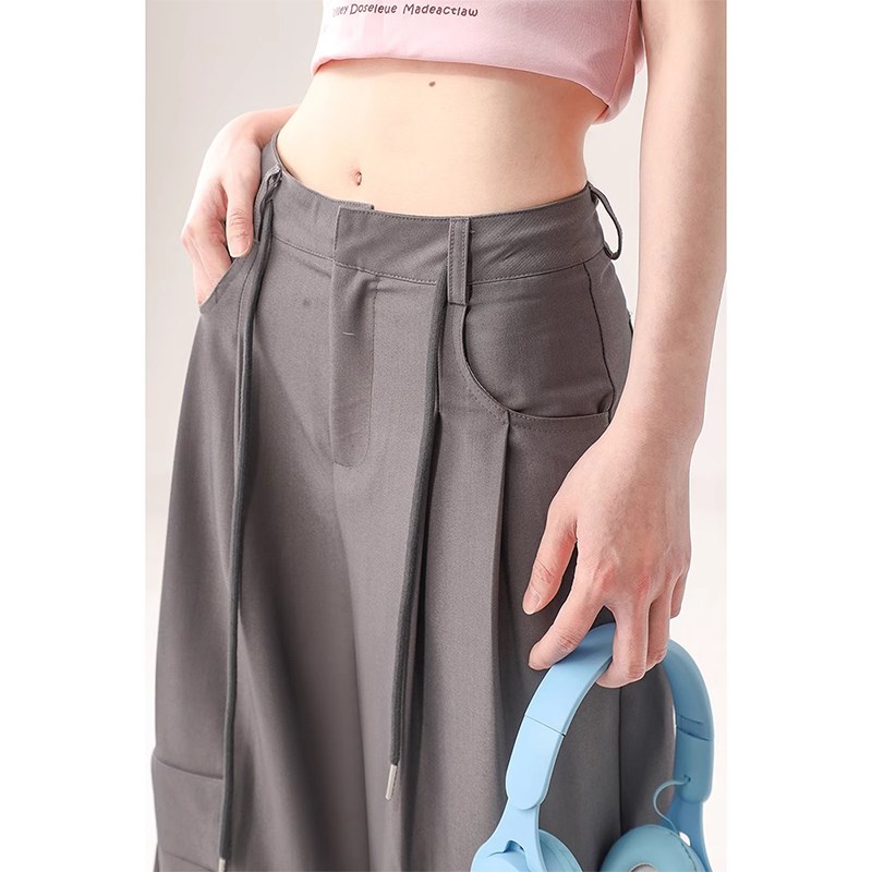 300斤大码女装美式灰色西装裤女胖mm夏季蝴蝶结垂感宽松阔腿裤子