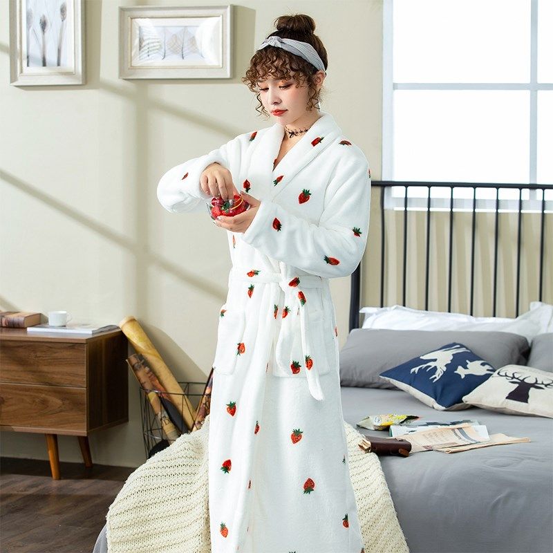 睡袍女秋冬季长款珊瑚绒加厚加绒保暖甜美可爱浴袍大码胖mm200斤