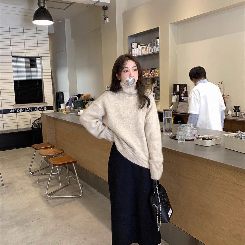 针织半身裙秋冬女中长版包臀显瘦一步裙高腰毛线宽松加厚直筒裙子