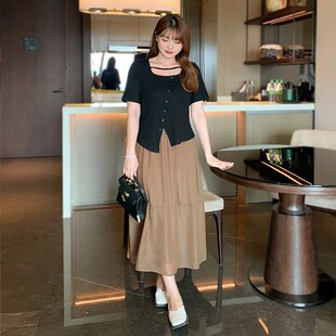 微胖显瘦女装 梨形身材穿搭套装 雪纺半身裙子 大码 甜辣上衣胖mm夏装