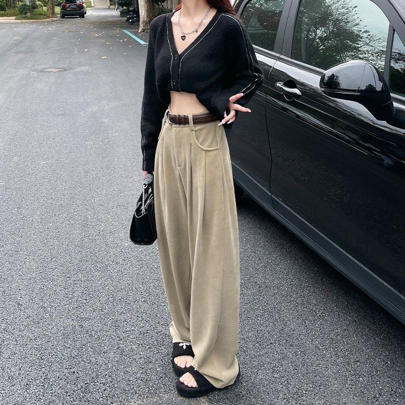 白色裤子女秋冬季2023新款针织加绒雪尼尔阔腿裤灯芯绒休闲西装裤