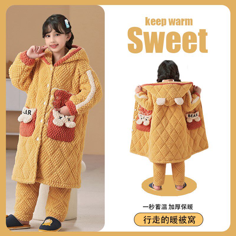 冬季夹棉睡衣女童三层加厚款儿童卡通长款睡袍2024新法兰绒家居服