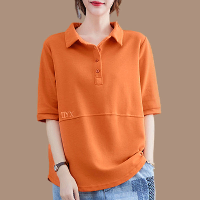 宽松短袖T恤女2022夏装新款休闲薄款棉卫衣大码时尚翻领中袖上衣