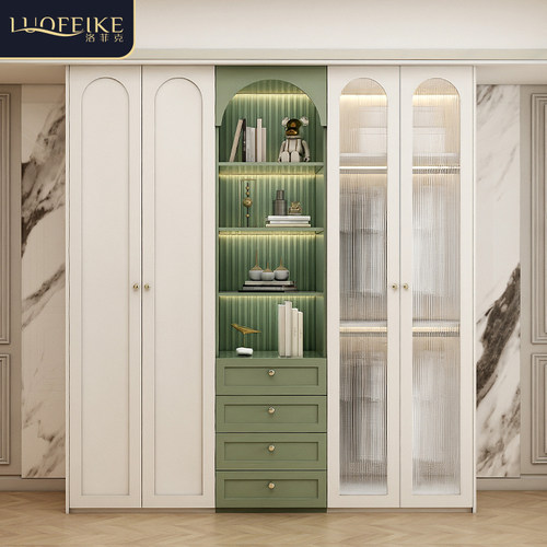 衣柜书桌一体组合家用小户型轻奢奶油风玻璃门实木大衣橱带电脑桌