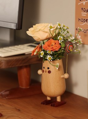 要抱抱的小鸡/实木质桌面创意笔筒干花香薰花瓶器治愈工位摆件