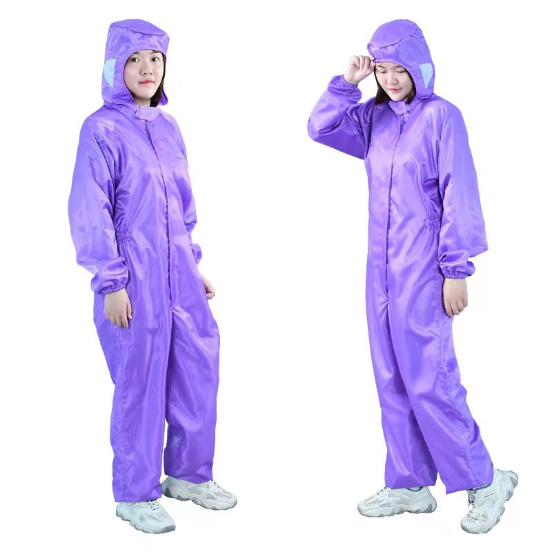 橙色无尘服紫色防静电连体服口袋全身防尘衣不沾毛工作服喷漆防护