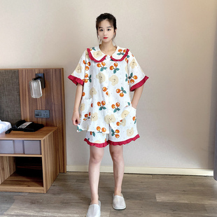 可爱加肥大码 胖mm睡衣女夏季 双层纱布公主风纯棉200斤家居服套装