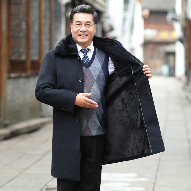 老年人男士长款呢子大衣休闲加绒加厚风衣爷爷毛呢爸爸外套秋冬款