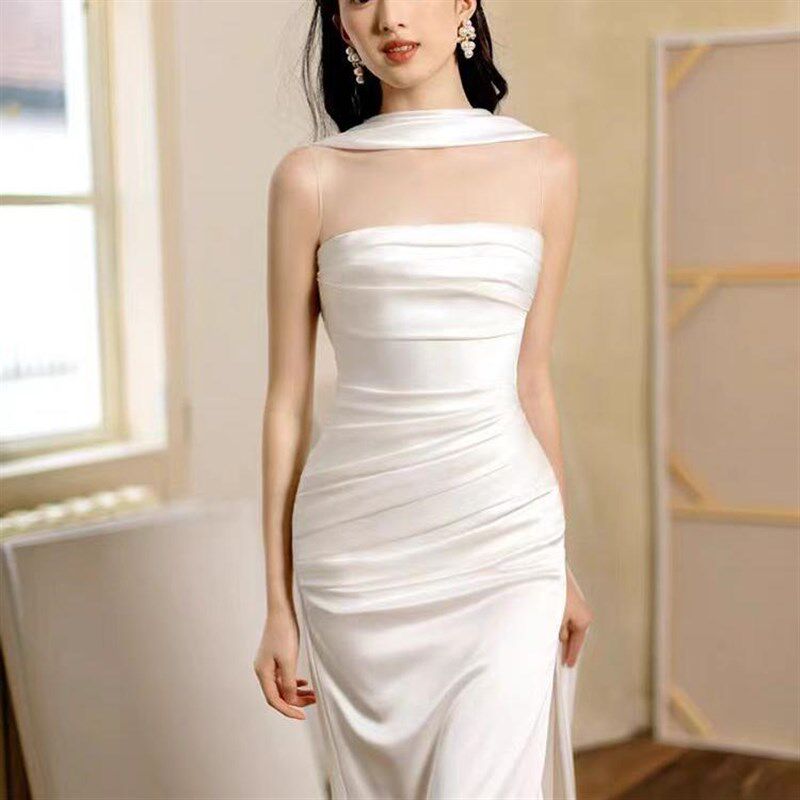 法式白色缎面简约晨袍轻婚纱宴年会生日显瘦新娘红色敬酒晚礼服裙