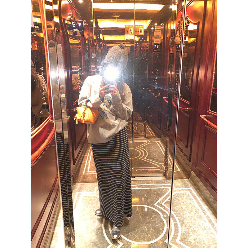 落落狷介针织半身裙秋冬款女2024年新款中长款条纹羊毛小个子裙子