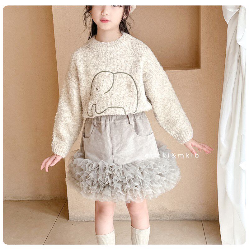 女童百褶网纱灯芯绒拼接半身裙儿童蛋糕短裙裙子春秋冬装新款2024