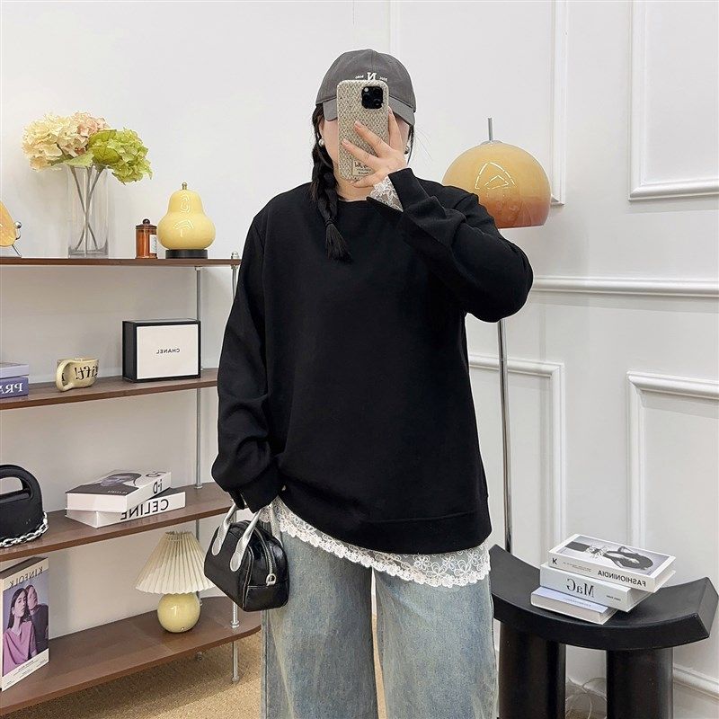 大码女装胖mm春季新款遮肚显瘦中长款上衣蕾丝拼接假两件长袖卫衣,女装/女士精品,大码内搭,淘宝优惠券,粉丝福利购,淘宝优惠卷