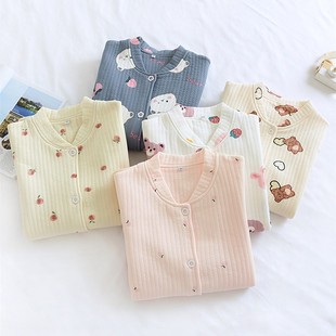 秋冬纯棉睡衣女单件上衣春秋季 空气层夹棉保暖家居服 全棉无领开衫