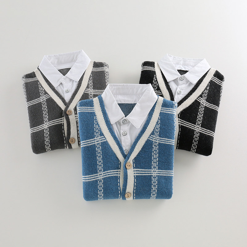 男童针织开衫春装2023新款学院风假两件毛衣儿童春秋款中大童外套